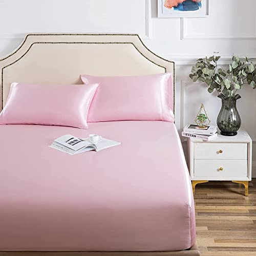 Damier Satin resårlakan 160 x 200 cm rosa silke glänsande resårlakan högkvalitativ satin deluxe lakan, lämpliga för madrasser upp till 25 cm