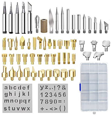 HIFROM Ersatz der Lötkolbenspitze, Lötspitzen und Schablonen zum Prägen, Holz Brennen Löten Tipps Schnitzwerkzeug SetBrennen Zubehör, Holz und Leder Brandmalerei Full Set (61PCS)