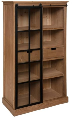 Atmosphera - Danik Vitrine/Bücherregal - Holz und schwarzes Metall, B 80 x T 40 x H 150 cm - Mit Schiebetür, 2 Schubladen - Für Wohnzimmer, Küche