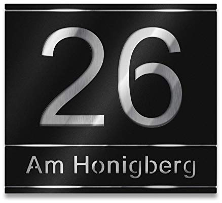 Metzler Hausnummer Edelstahl, individuelles Hausnummernschild in Tiefschwarz mit ausgelaserter Hausnummer & Straßenname. Rostfrei, 3D-Effekt, inkl. Beschriftung, Made in Germany, Größe: 25 x 22,2 cm