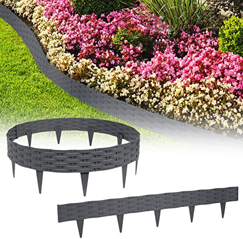 YUENFONG 20m Beeteinfassung Rasenkante Biegbarer Beetumrandungen Kunststoff Rasenkanten, Rattan-Optik Zaun Gartenpalisade Beetbegrenzung, 20 Elemente á 100cmX20cm, Anthrazit