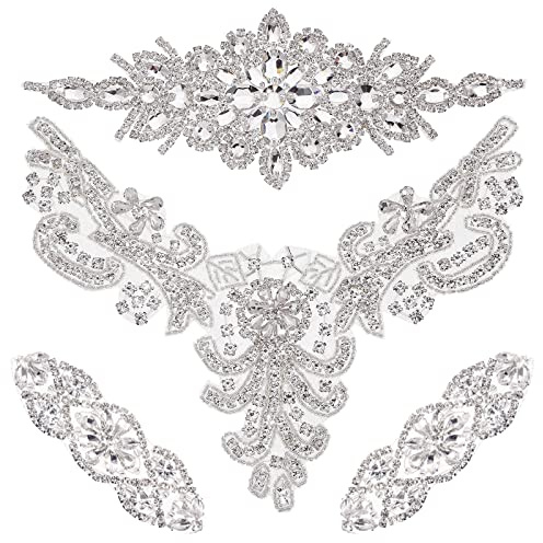4 Kristall Strass Applikation Silber Hochzeit Aufbügler Strass Rhinestone Applique Aufnäher Brautgürtel Applikation