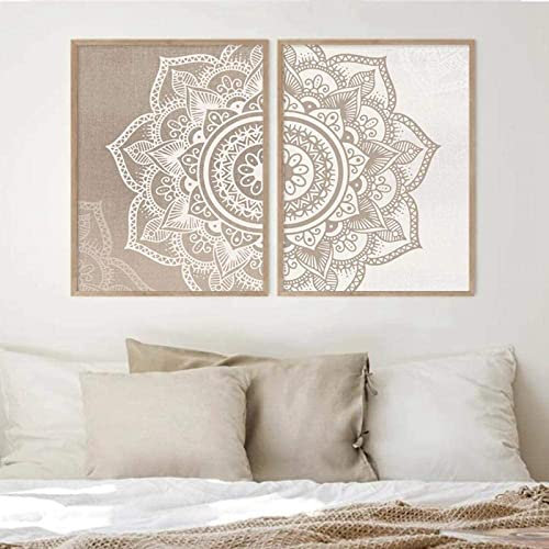 HMXQLW Leinwandbilder Mandala Yoga Bilder, Floral Abstrakte Bild Wohnzimmer Wandkunst Poster, Schlafzimmer Wohnzimmer Wandbilder Malerei Dekoration 2er Kein Rahmen (20X30CM,Beige Taupe)