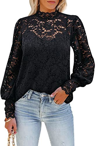 DOROSE Lace Long Sleeve Shirts for Women Dressy Casual Tops Work Guipure Plus Size Blouses Black XXL