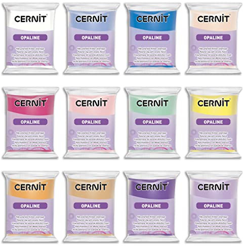 CERNIT CE0880012K01C - Set 12 Blöcke Modelliermasse (Polymer) OPALINE, halb transluzent ofenhärtend, 12x56g, für DIY Schmuck Figuren, für Einsteiger Hobbykünstler farbig sortiert, 1 Set