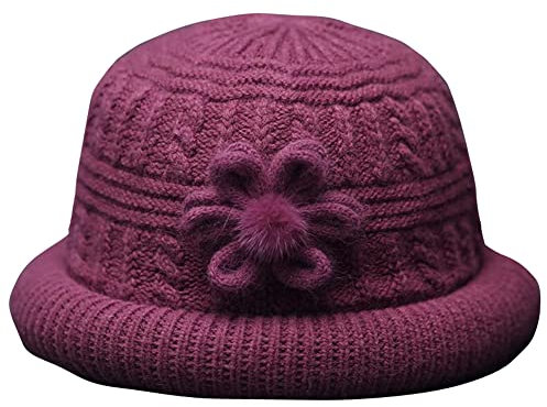 Jingyun Wintermütze für Frauen Weich gefütterte Wintermütze für Erwachsene Ältere Bequeme Warme Strickmütze-Rosenrot