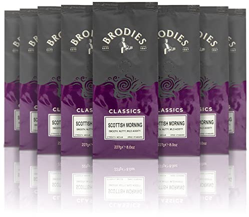Brodies Classics Artisan Ground Coffee - Scottish Morning 100% Arabica smooth, nutty, mild acidity, medium Strength, standard Grind, Hand roasted (8 Pack of 227 g)