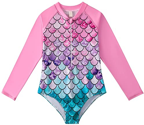 SEAUR Badeanzug Kinder Mädchen Langarm Einteiliger Rash Guard Meerjungfrau Schwimmanzug Reißverschluss Swimsuit Strand Bademode - 120