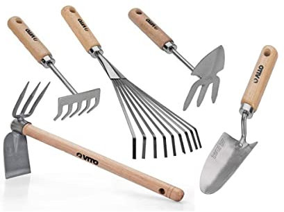 VITO - Kit 5 Outils de Jardin Manche Bois INOX et Fer forgés à la Main Haute qualité