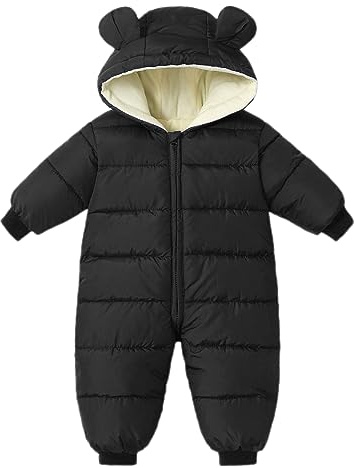 Bebé Niñas Niños Traje De Nieve Invierno Mameluco Abrigo Recién Nacido Grueso Cremallera Mono Bebé Cortaviento con Capucha Polar Pelele Ropa de Abrigo Negro 12-18 Meses