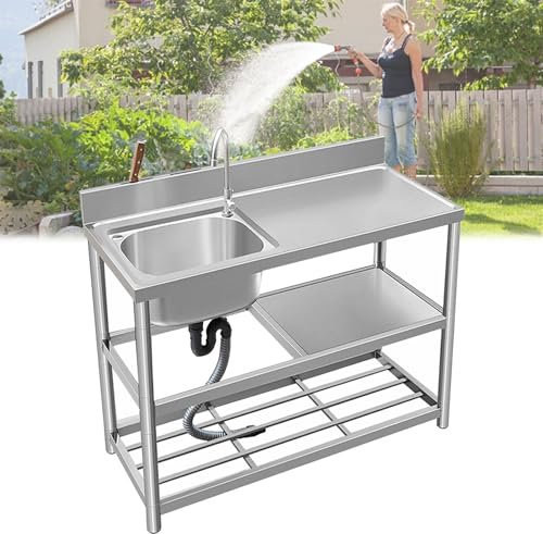 Mobiles Waschbecken Freistehende Edelstahl Spültisch Spülbecken 1 Becken Spülschrank mit Spüle und Armatur Outdoor Komplettspüle mit Ablassvorrichtung für Außen Innen Küche Restaurant Bar Gewerbliche