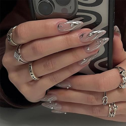 Angwis 24pcs Medium Almond False Nails, Silver Fireflame Stick on Nails Rhinestone Press on Nail Removable Glue-on Acrylic Full Cover Nail Art Accessories for Women