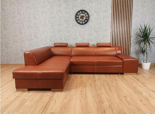 Quattro Meble Echtleder Ecksofa London II 3z 275 x 200 Sofa Couch mit Bettfunktion Echt Leder Eck Couch Leder Antique Tabac (200x275 cm Linke Ecke)