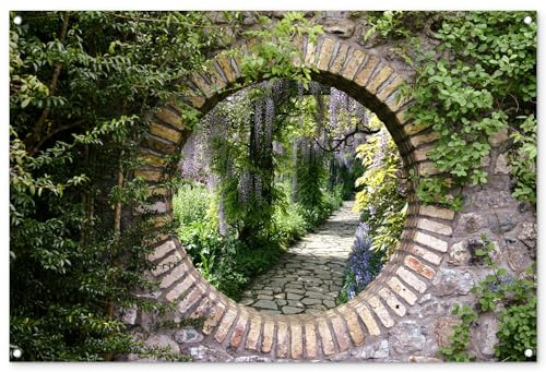 MuchoWow© Gartenposter Groß 120x80 cm XXL Outdoor Bilder Gartendeko für draußen Wetterfest Garten Deko Modern Geschenke Banner Draußen Bild Wald - Steine - Aussicht - Weg