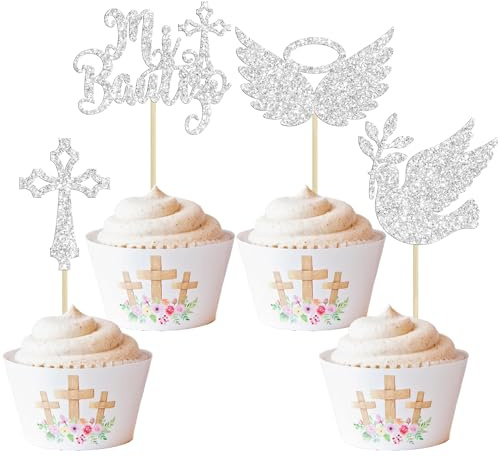 Gyufise 24Pcs God Bless Mi Bautizo Cupcake Toppers Glitter Dove Cross Baptism Cupcake Picks for Religious God Bless Baptism Theme Baby Shower Kids Birthday Party Decorations Supplies Silver