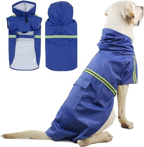 Hunderegenmantel – Wasserdichter Hundemantel mit Kapuze und Reflektoren für trockene, sichere Gassigänge (Blau, XL)