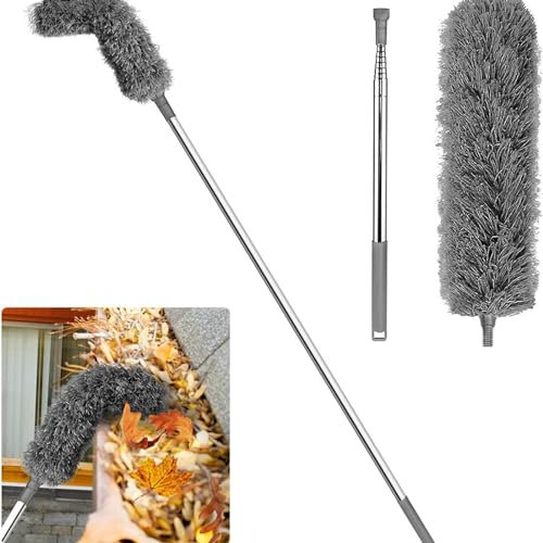 Brosse De Nettoyage De Gouttière avec Manche Télescopique Extensible Outil de toiture avec Poteau télescopique Extensible de 8,2 Pieds,Outil De Nettoyage Toiture Facile à Enlever Les Feuilles