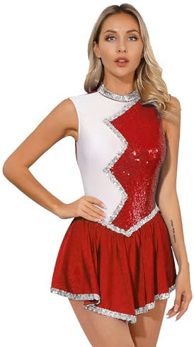 inlzdz Damen Pailletten Cheerleading Outfits Ärmellos Gymnastikbody Tanzkleid + Kopfbedeckung + Pompons Tanzbekleidung Dancewear B Rot XL
