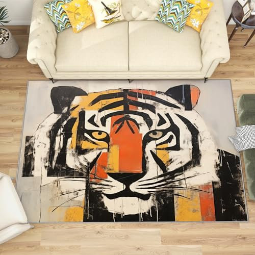 Teppich Mit Tigermotiv - Wohnzimmer Schlafzimmer Tiger, Großer Wildtiere, Weich Kurzflor & Waschbar & Rutschfest, Kinderteppich, Bettvorleger 100x200 cm