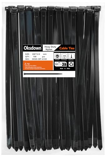 Oksdown Nero Fascette Plastica per Cavi Stringicavo 100 Pezzi 12,0mm x 300mm Nere Nylon Fascette Elettricista per Gestione dei Cavi Elettrici Giardinaggio