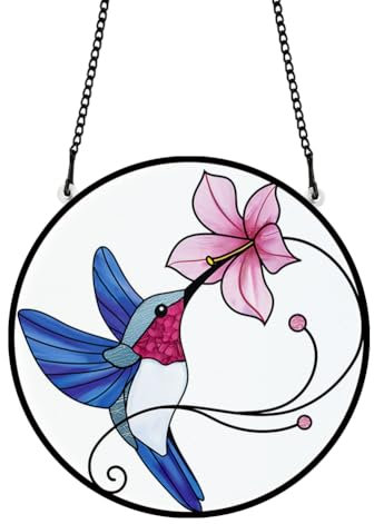 PLIGREAT Sonnenfänger Kolibris Blumen Acryl Glasmalerei Sonnenfänger Sommer Terrasse Garten Hängende Baum Ornamente für Wohnzimmer Schlafzimmer Spielzimmer Fenster Dekoration Gedenkgeschenke