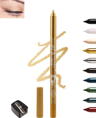 Gold Glitzer Gel Eyeliner, Metallic Shimmer Kajalstift Wasserfest Wischfest | Langahaltend Eyelinerstift mit Anspitzer, Hochpigmentierte Lidschattenstift, Leicht Anwendbar für Party Stage Augen Make-up