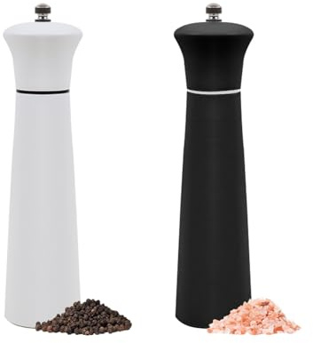 ManGotree Wooden Salt & Pepper Mills, 8.5 Inch Pepper Grinder,Adjustable Coarseness Salt Mill, Refillable Salt Shakers, Wood Pepper Grinder Mill for Kitchen, 2 Pack (Black & White)