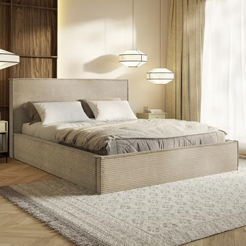 MOTIVENA Boho Bett 120x200 Beige Cord, mit Stauraum, mit Kopfteil, mit Lattenrost, ohne Füße, ohne Matratze, Polsterbett 120x200 mit Bettkasten Beige