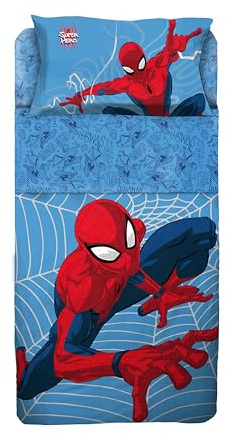 Set Lenzuolo Copriletto Singolo Spiderman 100% Cotone, Completo Letto Copriletto, Lenzuolo da Sopra con Ribaltina + Lenzuolo da Sotto con Angoli + Federa