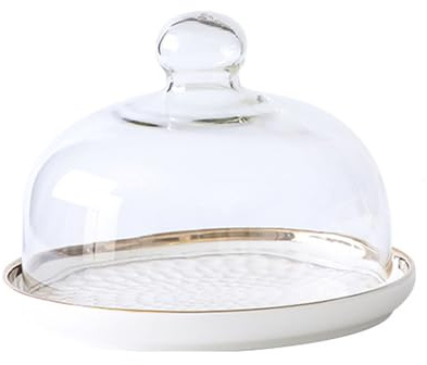 ASIAD Kuchenhaube Keramik Kuchenplatte Glas, Kuchenglocke Ständer Tortenständer Glashaube Lebensmittel Abdeckung für Hochzeit Geburtstag,Glas-Kuchenform,Weiß,26cm