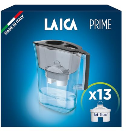 LAICA Prime Line Water Filter Jug & 13 bi-flux Water Filter Cartridges Black 3L - Digital Timer, Easy Fill Design, BPA Free, Dishwasher Safe - Preserves Minerals, Removes Impurities - Made in Italy | Great-tasting water,Bi-Flux filtration, activated carbon, chlorine reduction, BPA free, fridge friendly, Made in Italy