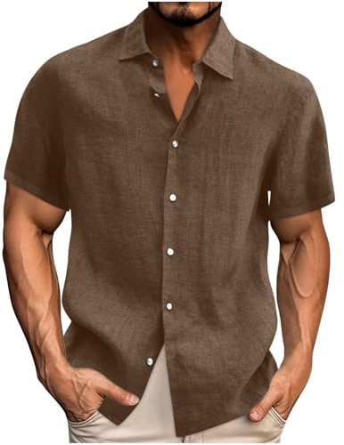 UHouse Leinenhemd Herren Kurzarm Baumwolle Hemd Sommer Leinen Herrenhemden Leicht Hemden Stehkragen Freizeithemd Übergröße Strandhemd Strand Hawaiihemd Bequeme Fischerhemd Braun XXL