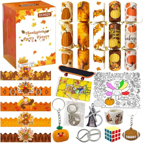 EUHQY 10Pack 10 Thanksgiving Non-Snap Party Favors - Leaf & Pumpkin Design With Thanksgiving Hat, Joke and Gift For Adults