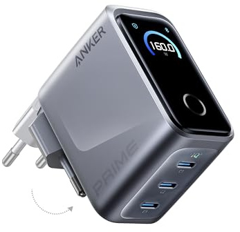 Anker Prime 160W USB C Ladegerät, 3 Ports kompakter GaN USB-C Ladeblock | Smart Display, 140W Max. pro Port, ultra-schnell mit Touch-Steuerung für Laptop, MacBook, iPhone 17/16/15 Serie, Galaxy