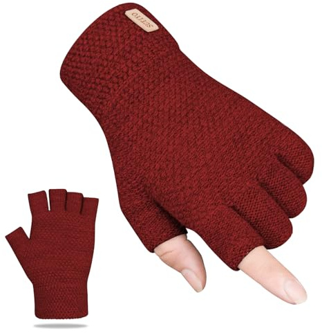 SUTIYO Guanti invernali senza dita, per uomini e donne, caldi guanti a mezze dita lavorati a maglia, fodera morbida per guida e scrittura, Rosso bordeaux.