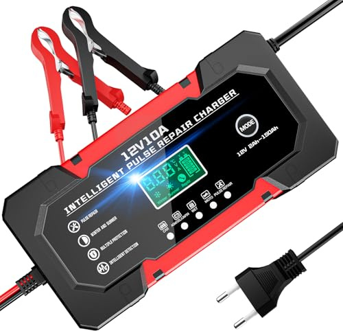 LACITENY 10A Caricabatterie per Auto 12V Multi Protezioni Carica Batteria Moto 5 Modalità Caricabatteria da Auto Portatile con Schermo LCD per Moto AGM GEL LifePO4