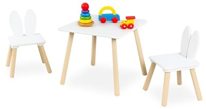 Relaxdays Kindersitzgruppe, 3-TLG., Kindertisch, 2 Stühle, Kaninchenohren, Sitzecke fürs Kinderzimmer, weiß/Natur