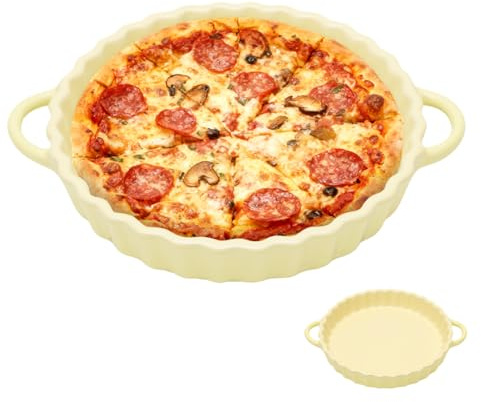 CEWROM Tiefe Keramik-Kuchenform mit Griffen​​ – Ideal für Pie, Quiche & Tartes. Antihaft-Beschichtung, bleifrei, mikrowellen-, spülmaschinen- & ofengeeignet, 26CM Rund Tarteform Auflaufform (Gelb)