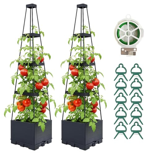 2 Pack Raised Garden Bed Planter Box with Trellis, 57 Self-Watering Tomato Planter with Trellis, Tomato Cage Plant Support for Climbing Plants Vegetable Vine Flowers Patio Outdoor Indoor