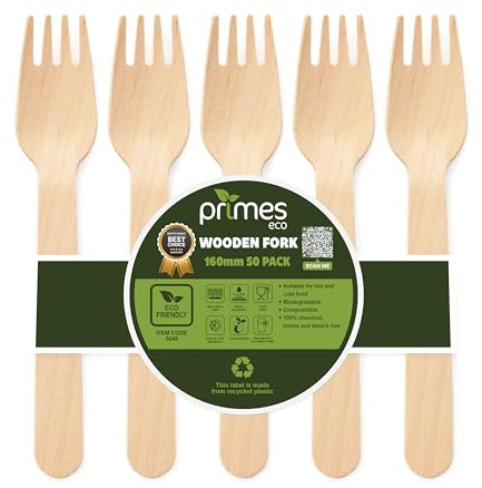 PRIMES ECO Disposable Birch Wood Wooden Forks 16cm – Sturdy Single-Use Cutlery for Parties, Catering & Events – Pair with Disposable Plates Bowls & Serving Trays (50, Fork | 16cm)
