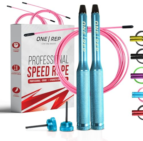 Comba Crossfit Profesional ONE REP | Comba Boxeo Ajustable de Aluminio | Cuerda para Saltar ligera y rápida con rodamientos antideslizantes de 360° | Cuerda Saltar Crossfit (Azul)