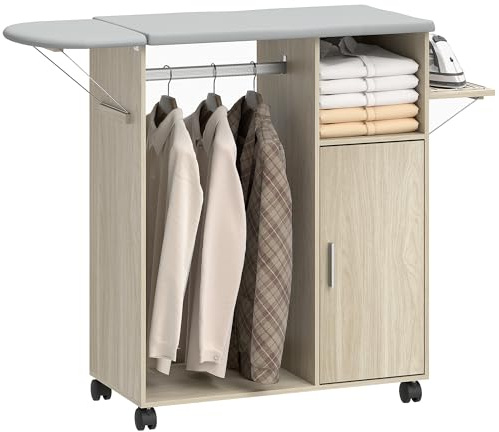 HOMCOM Mobile Asse da Stiro Pieghevole con Ruote a Freno e Portaferro da Stiro, Mobile da Stiro Multiuso con Barra Appendiabiti, Ripiani Regolabili, per Lavanderia, Bagno, 127x42.5x99 cm, Color Legno