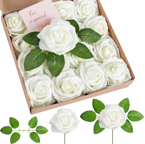XIANNVXI Rose Blanche Artificielle Fleur Artificielle Blanc avec Tige 16pcs | Faux Rose Fleurs Soie pour Bouquets De Mariage Centres De Table Fête De Douche De Mariée Maison DIY 16Pcs