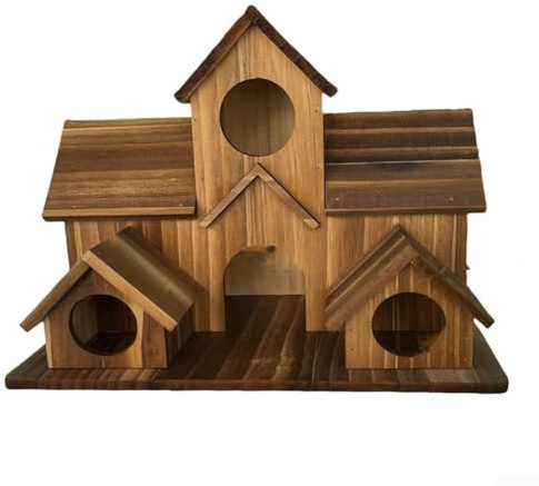 GANCEI Casetta per uccelli e mangiatoia per esterni in legno con tetto inclinato, struttura in legno massiccio e fori di ingresso multipli, scatola di nidificazione in stile villa per pappagalli