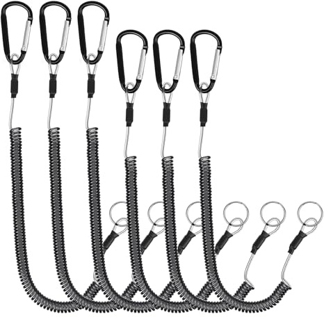 Lot de 6 cordons enroulés de pêche, cordons rétractables pour outils à main, porte-clés, attache, kayak, pagaie, canne à pêche, cordon en fil d'acier de sécurité avec mousquetons pour pince, bateau