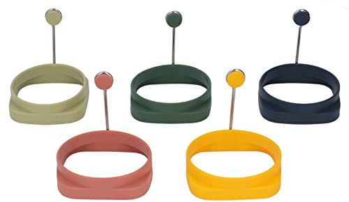 Aros para Freír Huevos con Mango, 5 Piezas, Silicona de Grado Alimenticio, Formas Cuadradas y Redondas, Moldes para Tortillas - Antiadherente, Mangos Aislantes, Uso Doble para