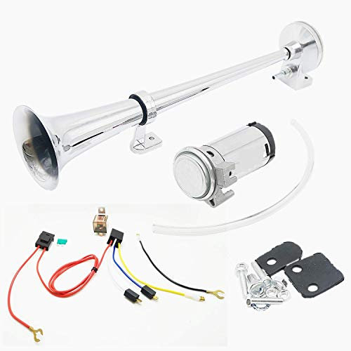 DHUILE Car horn 12V 150db,Air Horn 450mm Chrome Zinc Single Trumpet Truck Air Horn with Compressor car speaker for Any 12V Vehicles Trucks Lorrys Trains Cars bus Boats