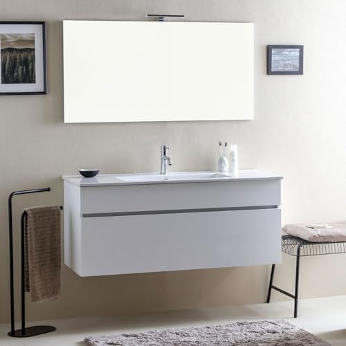 Kiamami Valentina - Mobile bagno moderno binaco legno con lavabo da 120 cm e specchio | Sole