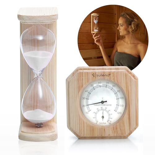 Suleno® Sauna-Set EMMA 2-teiliges Saunazubehör - Klimamesser Sanduhr Saunathermometer Saunahygrometer Klimastation - hitzebeständig, Wandmontage, Nadelholz