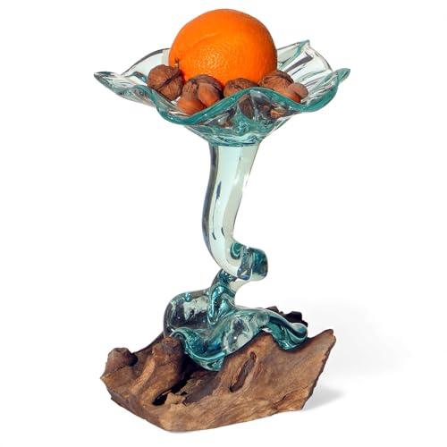 Wogeka - Glas Snackschale auf Wurzel-Holz - Höhe 25 cm handgemacht, Moderne Natur Tisch-Deko und Geschenk-Idee, Glasschale auf Stiel